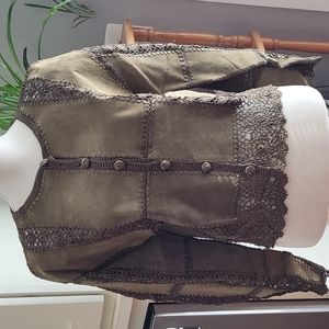 Vintage Suede Patchwork and Crochet Button Front Long Sleeve Jacket